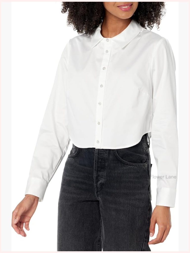 Long Sleeve Cropped Button Up Shirt With Satin Stretch Cotton